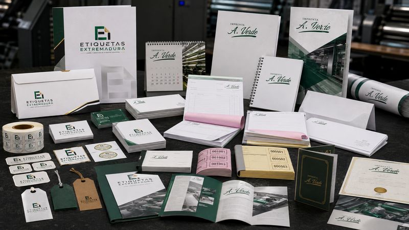 Papelería corporativa de Imprenta A. Verde y Etiquetas Extremadura: tarjetas, sobres, talonarios, carpetas, cuadernos y publicaciones